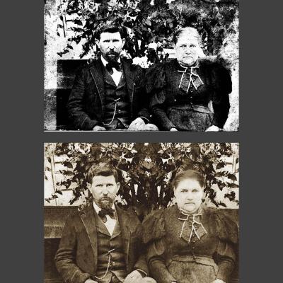 damaged 1900s portrait of couple and photo restoration result