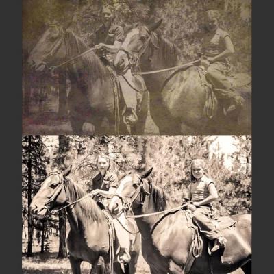 photo restoration example - mother and daughter riding horseback